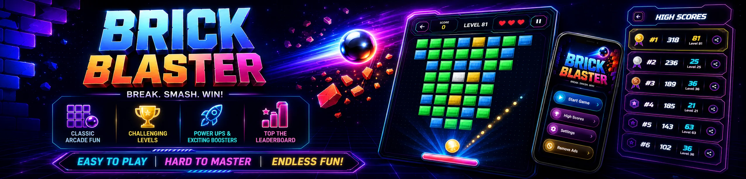 Brick Blaster: Neon Arcade banner showing brick-breaking gameplay and neon artwork